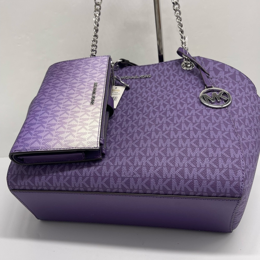 MICHAEL KORS JST Lg Chain Shoulder Tote & Double Zip Wristlet Wallet 
Dk Purple - Picture 11 of 16